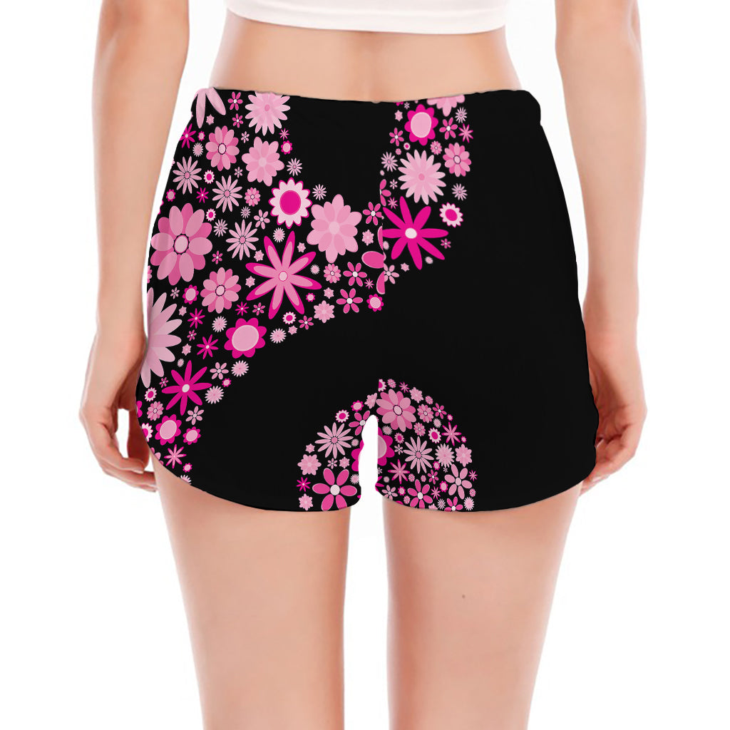 Pink Flowers Yin Yang Print Women's Split Running Shorts