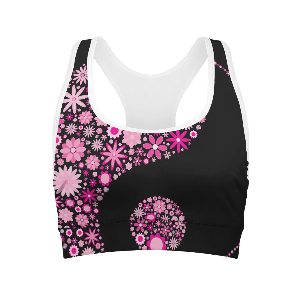 Pink Flowers Yin Yang Print Women's Sports Bra
