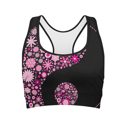 Pink Flowers Yin Yang Print Women's Sports Bra