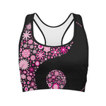 Pink Flowers Yin Yang Print Women's Sports Bra