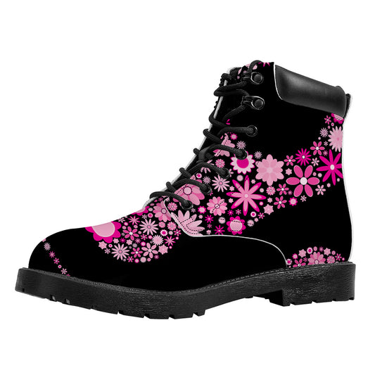 Pink Flowers Yin Yang Print Work Boots