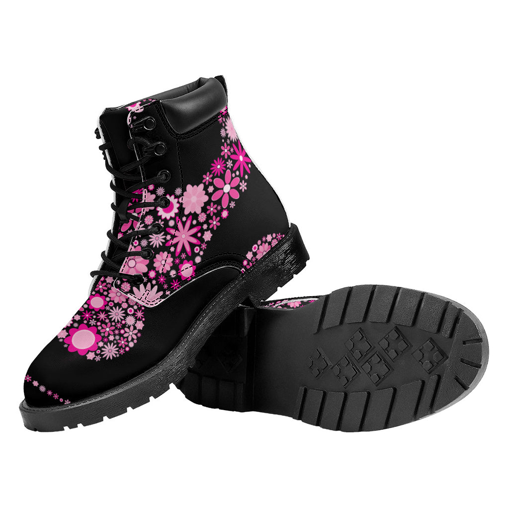 Pink Flowers Yin Yang Print Work Boots