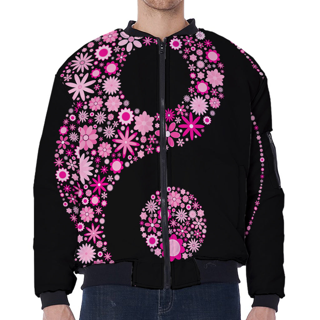 Pink Flowers Yin Yang Print Zip Sleeve Bomber Jacket
