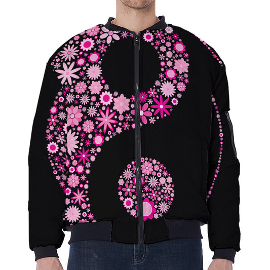 Pink Flowers Yin Yang Print Zip Sleeve Bomber Jacket
