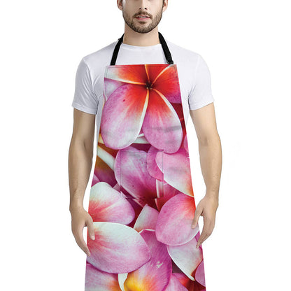 Pink Frangipani Flower Print Bib Apron With Pocket