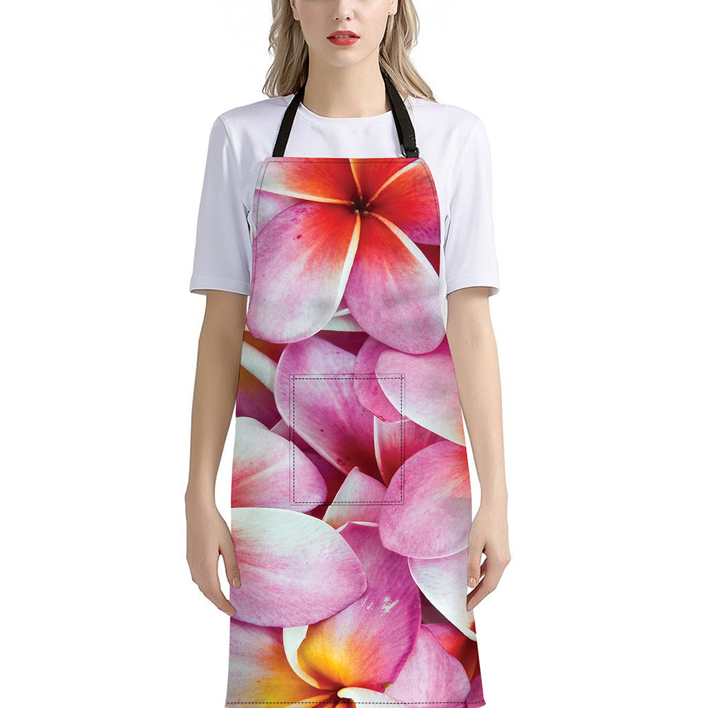 Pink Frangipani Flower Print Bib Apron With Pocket
