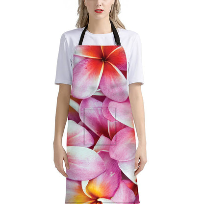 Pink Frangipani Flower Print Bib Apron With Pocket