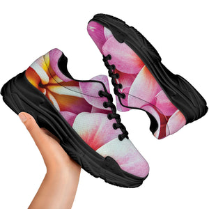 Pink Frangipani Flower Print Black Chunky Shoes