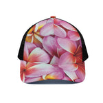 Pink Frangipani Flower Print Black Mesh Trucker Cap