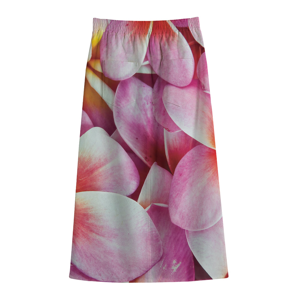 Pink Frangipani Flower Print Cotton Front Slit Maxi Skirt