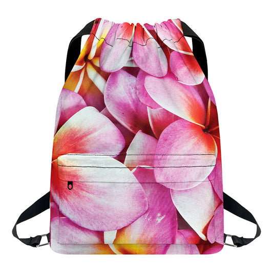 Pink Frangipani Flower Print Drawstring Backpack