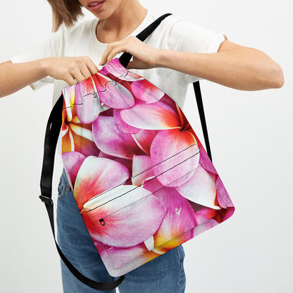 Pink Frangipani Flower Print Drawstring Backpack