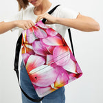 Pink Frangipani Flower Print Drawstring Backpack