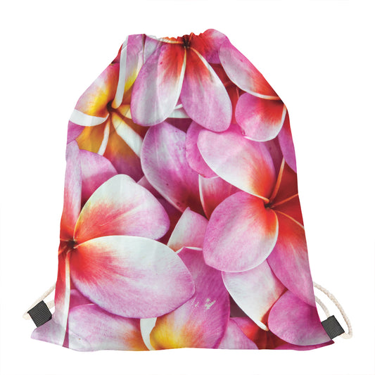 Pink Frangipani Flower Print Drawstring Bag