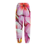 Pink Frangipani Flower Print Fleece Lined Knit Pants
