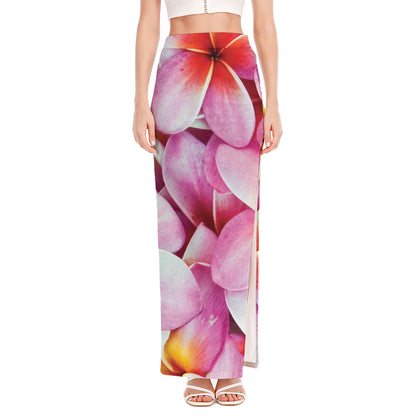 Pink Frangipani Flower Print High Slit Maxi Skirt