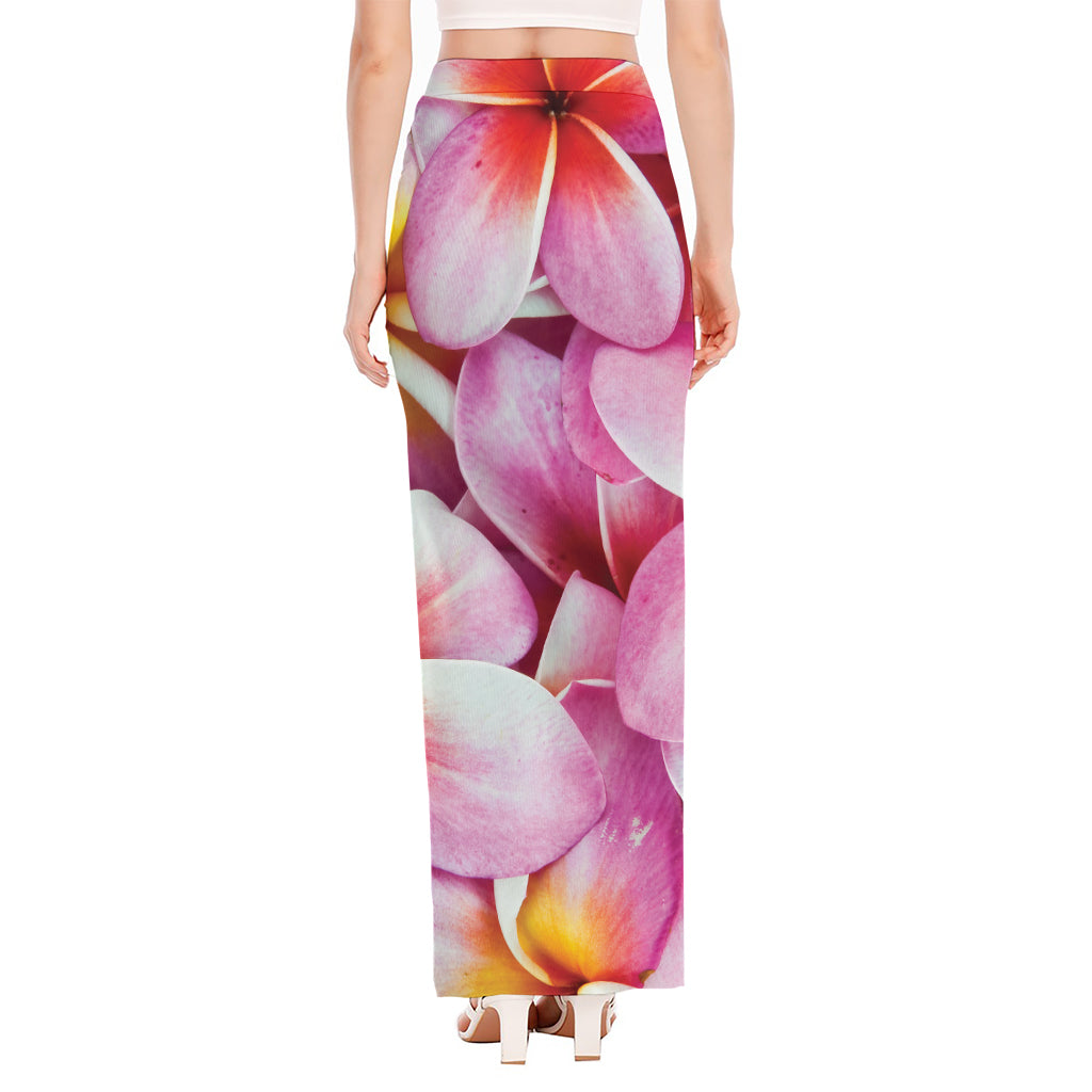 Pink Frangipani Flower Print High Slit Maxi Skirt
