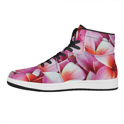 Pink Frangipani Flower Print High Top Leather Sneakers