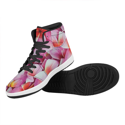 Pink Frangipani Flower Print High Top Leather Sneakers