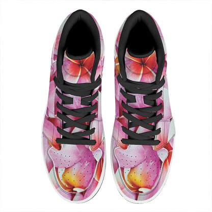 Pink Frangipani Flower Print High Top Leather Sneakers