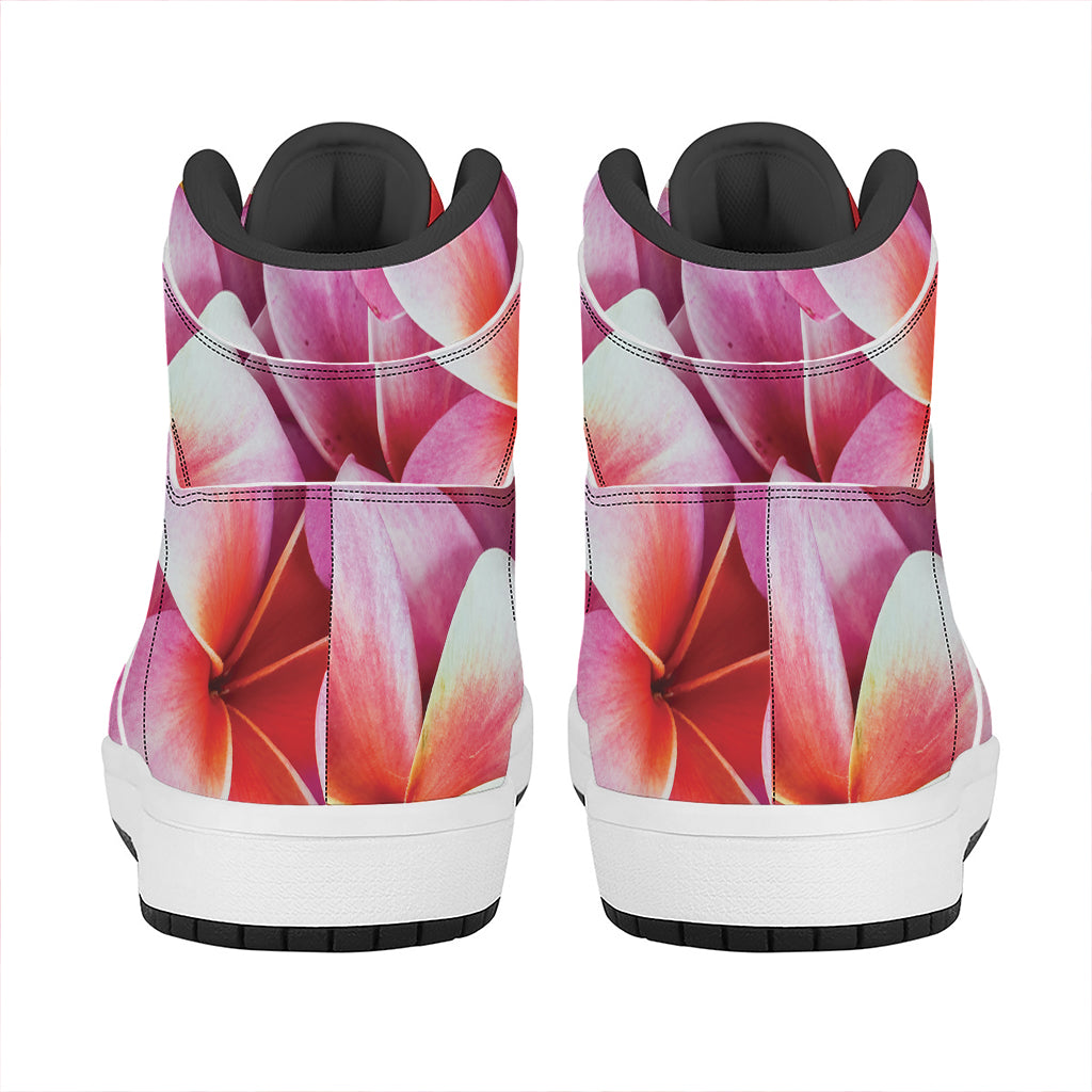 Pink Frangipani Flower Print High Top Leather Sneakers