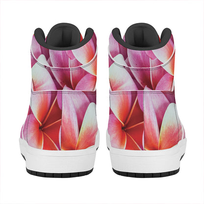 Pink Frangipani Flower Print High Top Leather Sneakers
