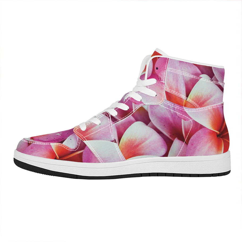 Pink Frangipani Flower Print High Top Leather Sneakers