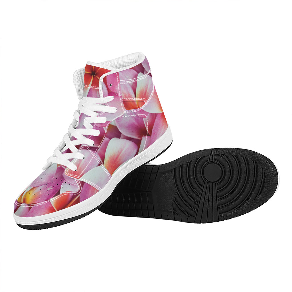 Pink Frangipani Flower Print High Top Leather Sneakers