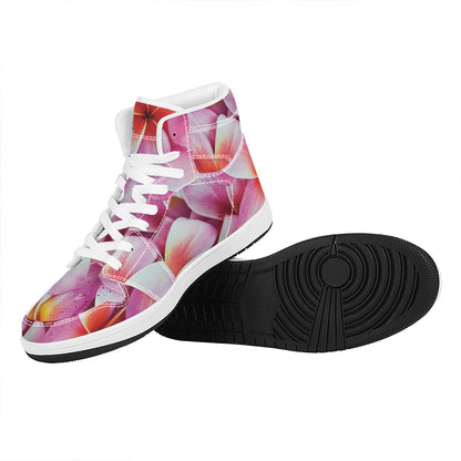 Pink Frangipani Flower Print High Top Leather Sneakers