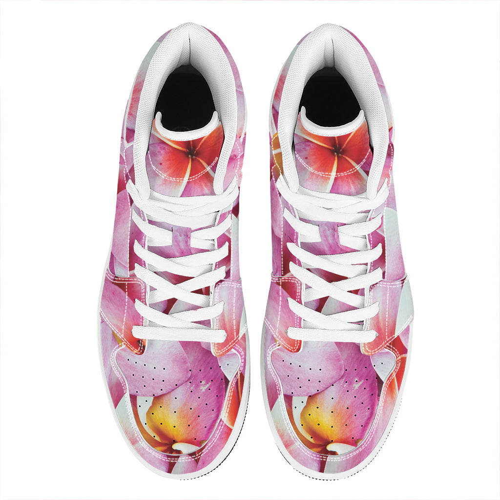 Pink Frangipani Flower Print High Top Leather Sneakers