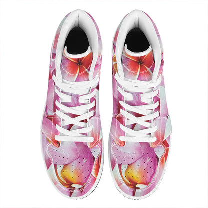 Pink Frangipani Flower Print High Top Leather Sneakers