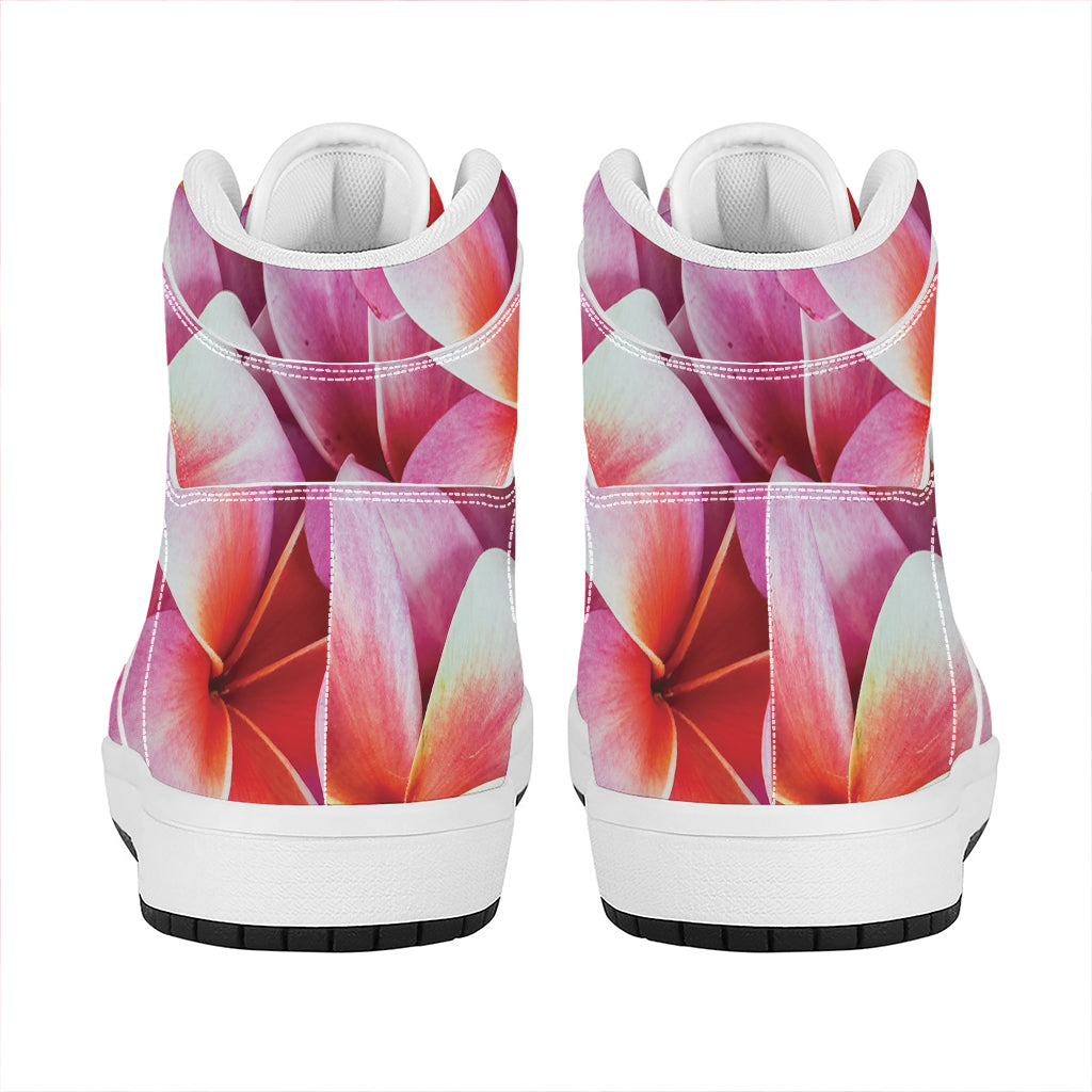 Pink Frangipani Flower Print High Top Leather Sneakers