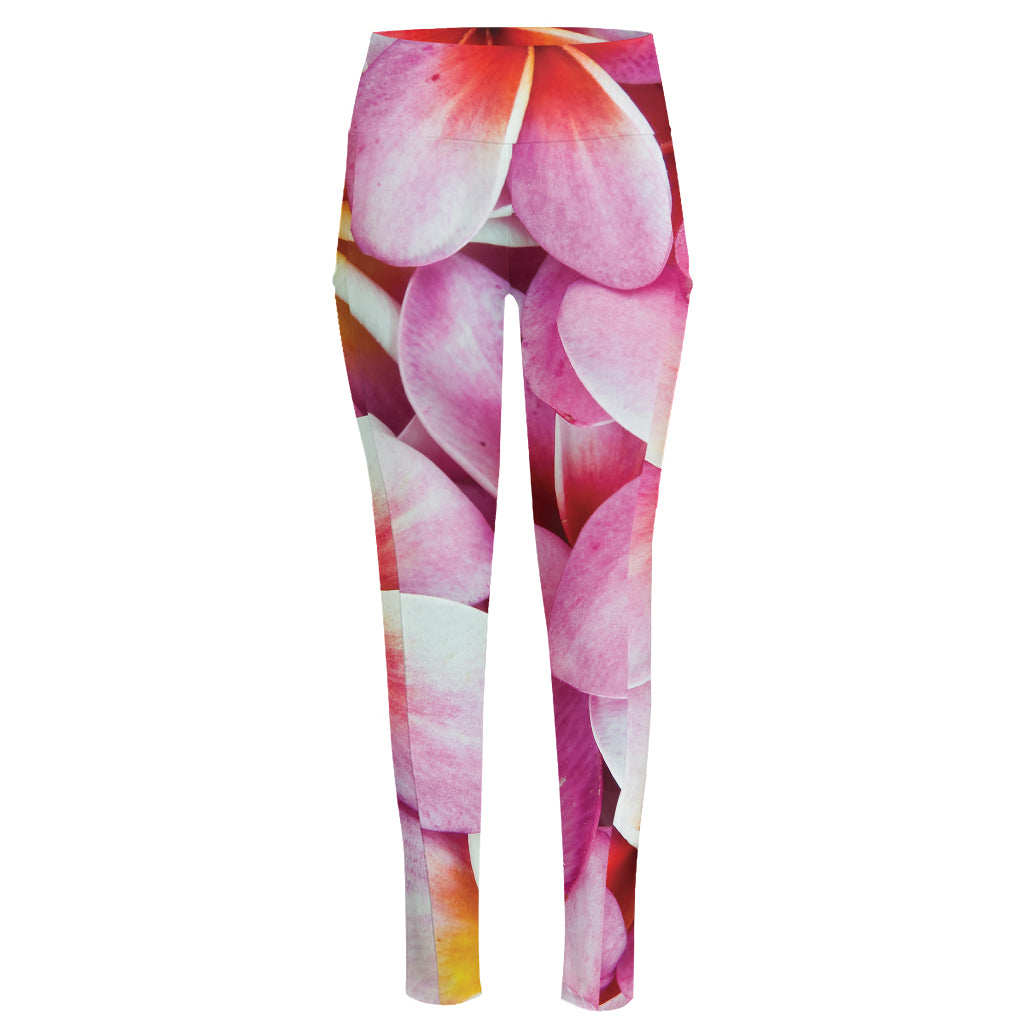Pink Frangipani Flower Print High-Waisted Pocket Leggings