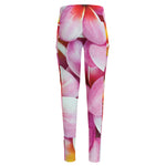 Pink Frangipani Flower Print High-Waisted Pocket Leggings
