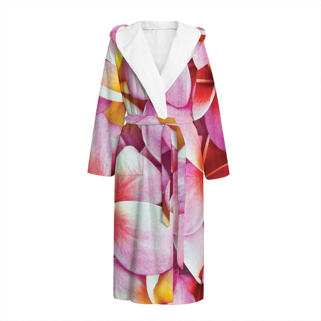 Pink Frangipani Flower Print Hooded Bathrobe