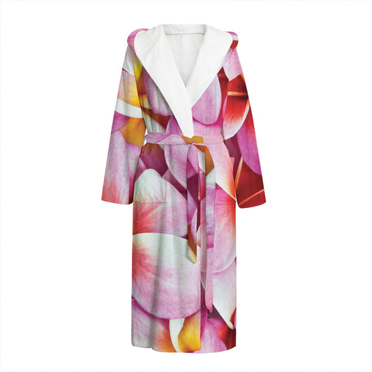 Pink Frangipani Flower Print Hooded Bathrobe