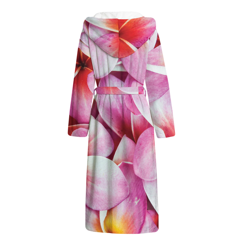 Pink Frangipani Flower Print Hooded Bathrobe