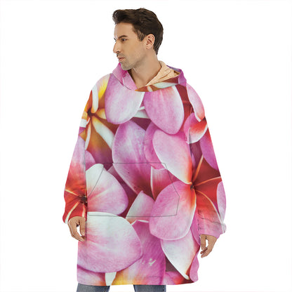 Pink Frangipani Flower Print Hoodie Blanket