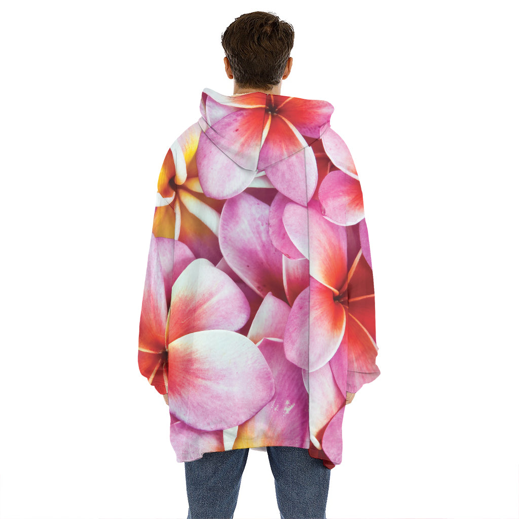 Pink Frangipani Flower Print Hoodie Blanket