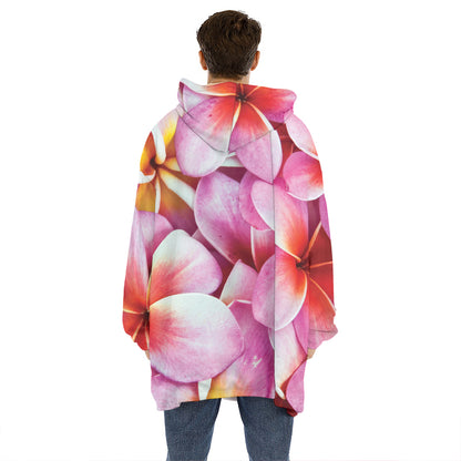 Pink Frangipani Flower Print Hoodie Blanket