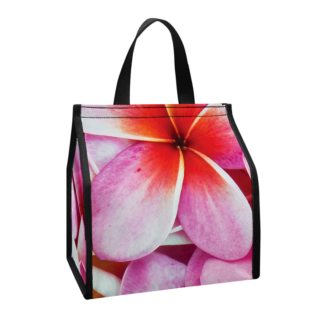 Pink Frangipani Flower Print Insulated Lunch Tote