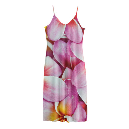 Pink Frangipani Flower Print Jersey Midi Cami Dress