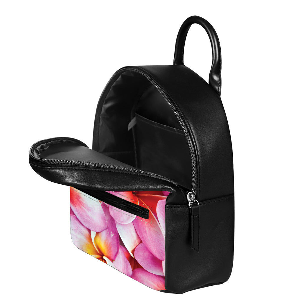 Pink Frangipani Flower Print Leather Backpack