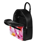 Pink Frangipani Flower Print Leather Backpack