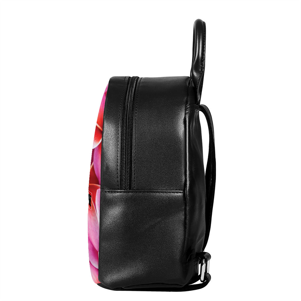 Pink Frangipani Flower Print Leather Backpack
