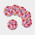 Pink Frangipani Flower Print Leather Coaster Set