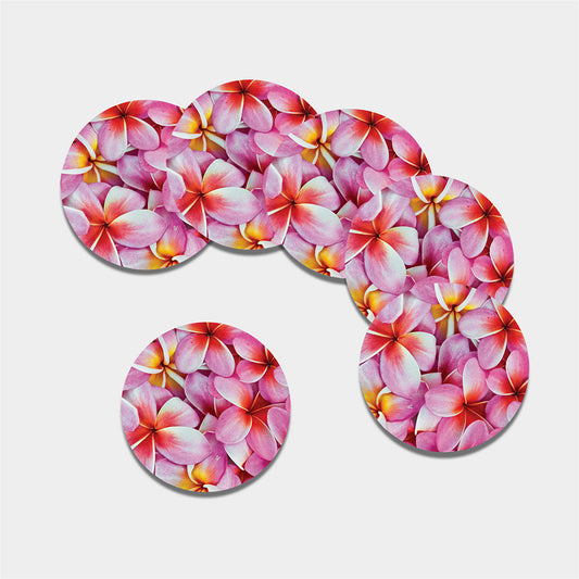 Pink Frangipani Flower Print Leather Coaster Set