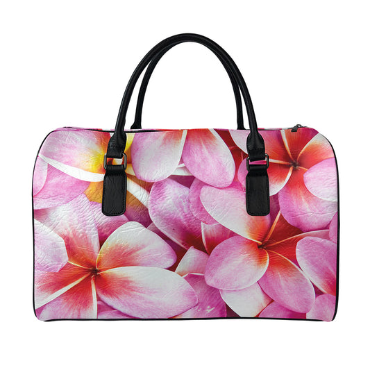 Pink Frangipani Flower Print Leather Duffle Bag