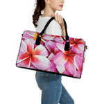 Pink Frangipani Flower Print Leather Duffle Bag
