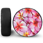 Pink Frangipani Flower Print Leather Spare Tire Cover